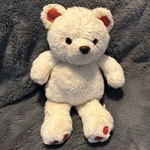 Vintage White Teddy Bear Plush Pink Ears Heart Paw Feet Brown Eyes Nose 11”
